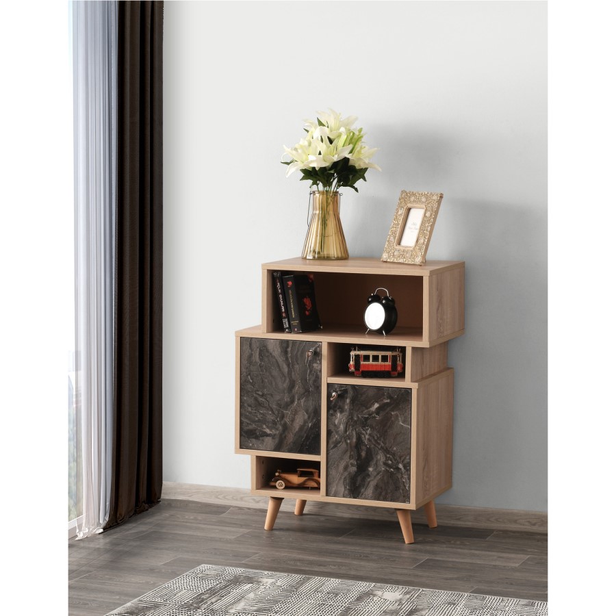 Small Wooden Display Cabinet with Black Marble Effect Doors