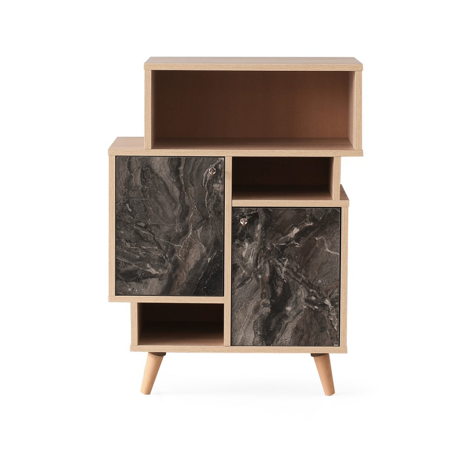 Small Wooden Display Cabinet with Black Marble Effect Doors