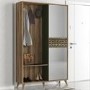 Wooden Tall Hallway Unit with Coat Hooks and Mirrored Cupboard in Oak and Green