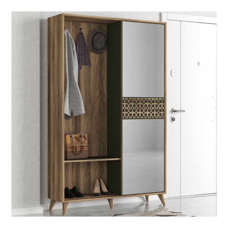 Wooden Tall Hallway Unit with Coat Hooks and Mirrored Cupboard in Oak and Green