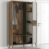 Wooden Tall Hallway Unit with Coat Hooks and Mirrored Cupboard in Oak and Green