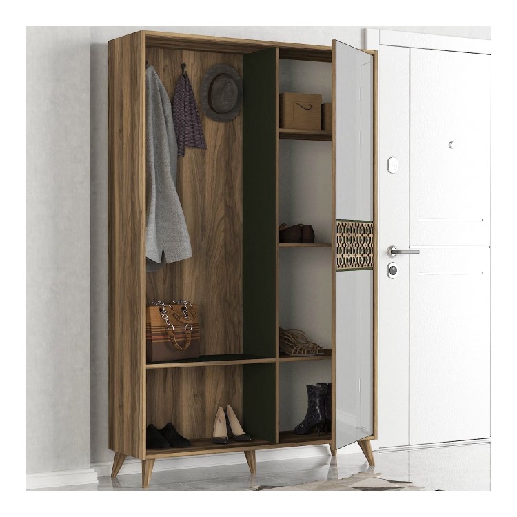 Wooden Tall Hallway Unit with Coat Hooks and Mirrored Cupboard in Oak and Green