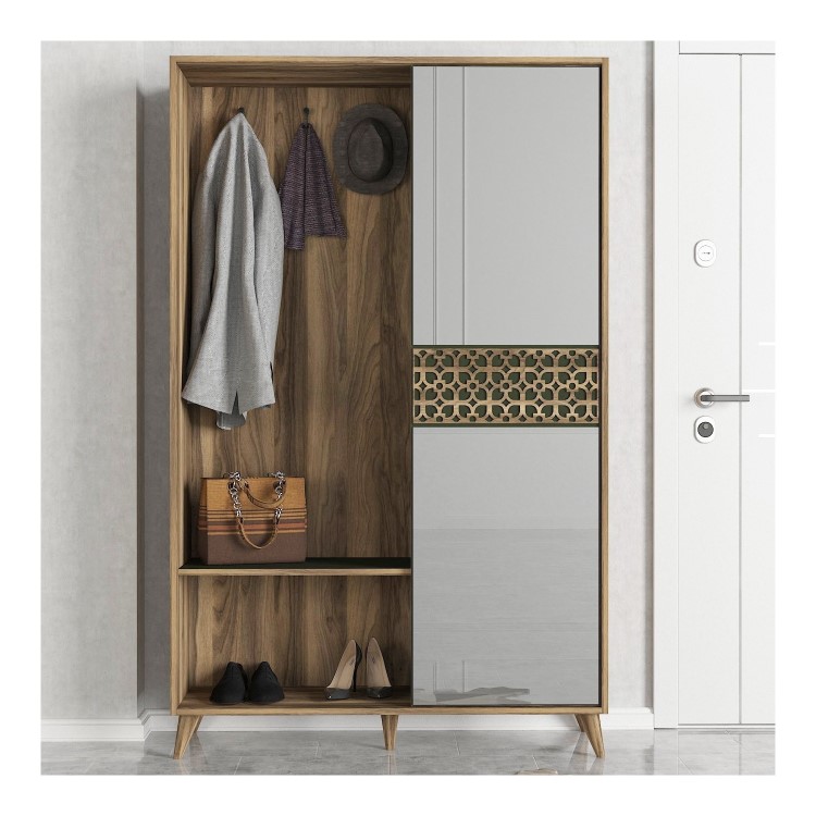 Wooden Tall Hallway Unit with Coat Hooks and Mirrored Cupboard in Oak and Green