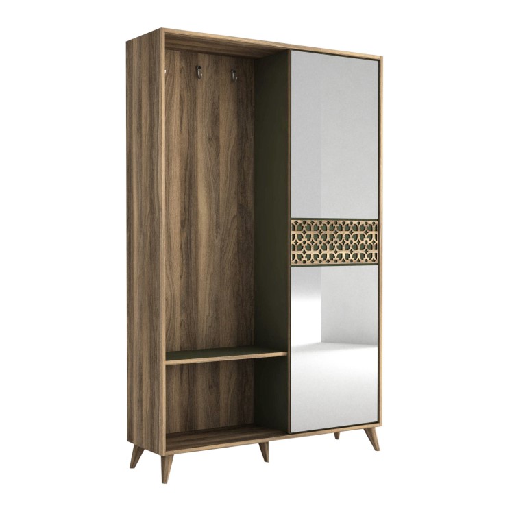 Wooden Tall Hallway Unit with Coat Hooks and Mirrored Cupboard in Oak and Green