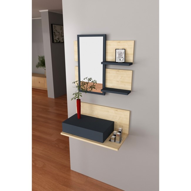 Wall Hanging Shelf with Mirror & Drawer in Light Wood & Anthracite Grey