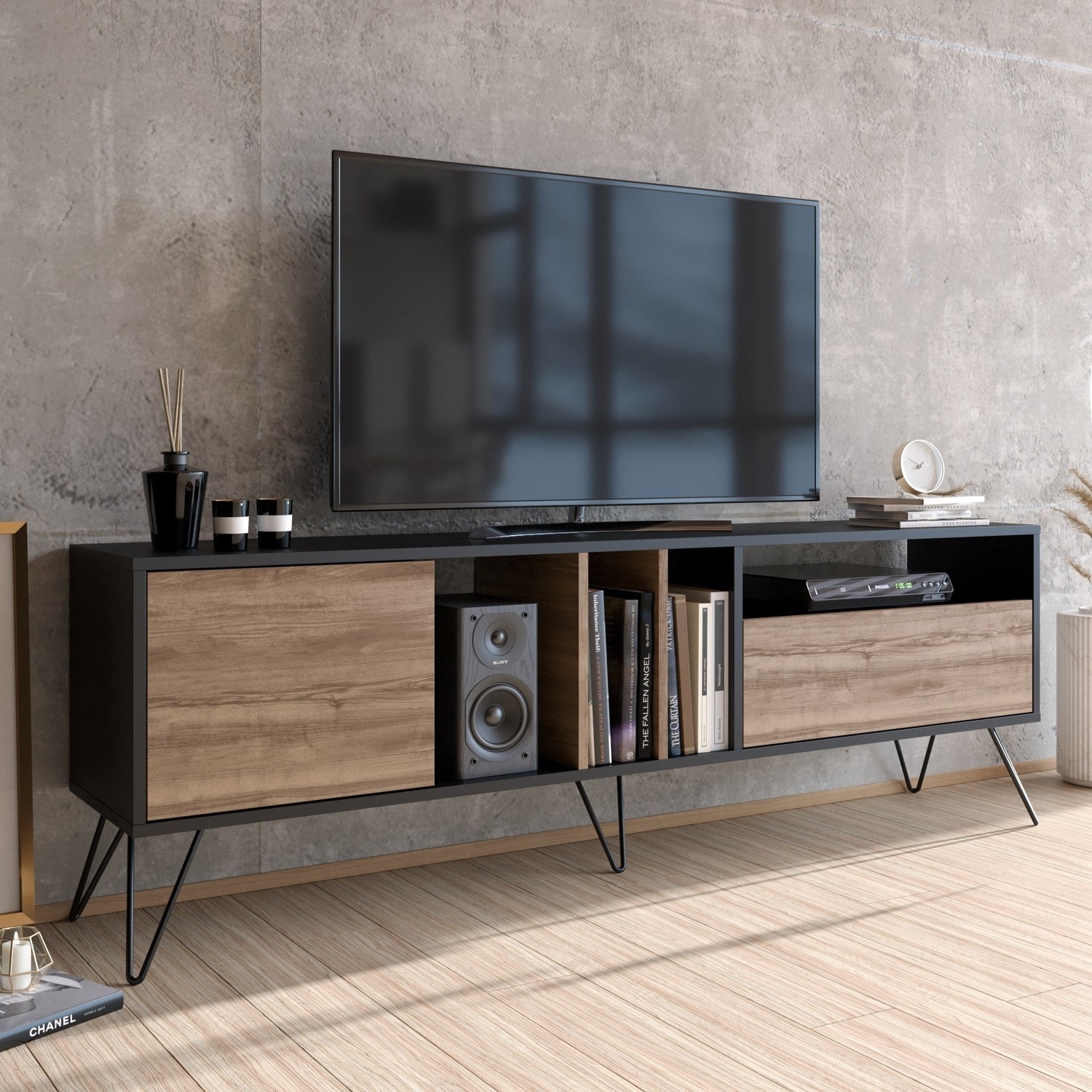 Unit TV Stand with 2 Drawers in Walnut and Black FOL101285