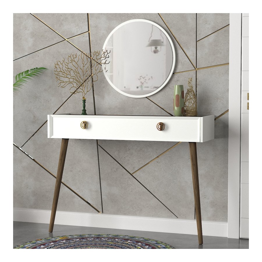 White Console Table with Walnut Details