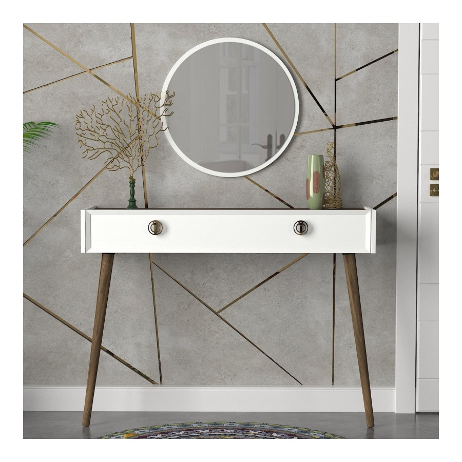 White Console Table with Walnut Details