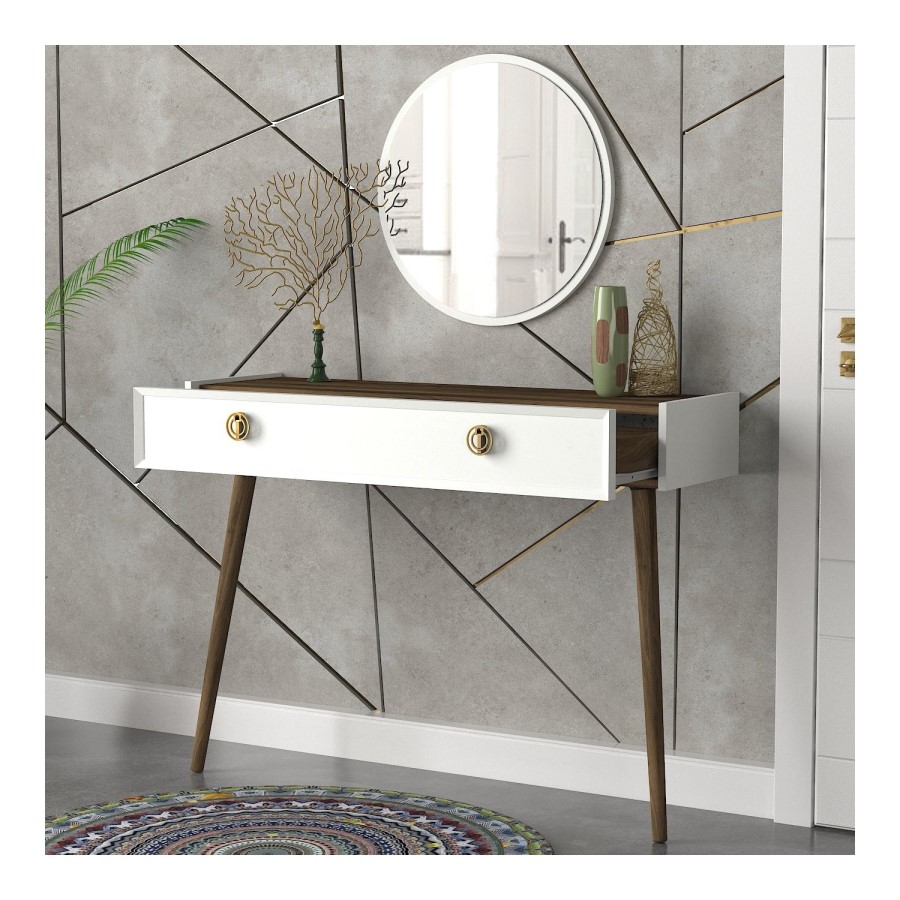 White Console Table with Walnut Details