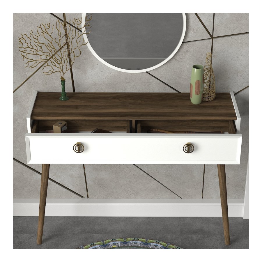 White Console Table with Walnut Details