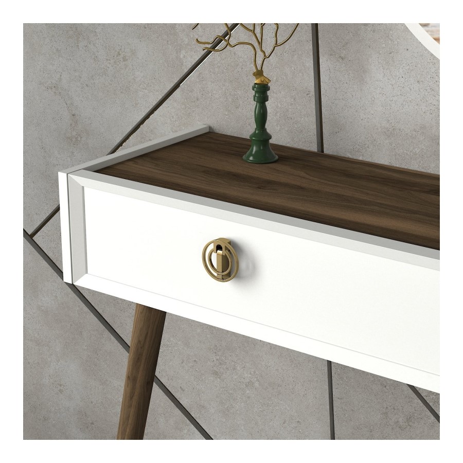 White Console Table with Walnut Details