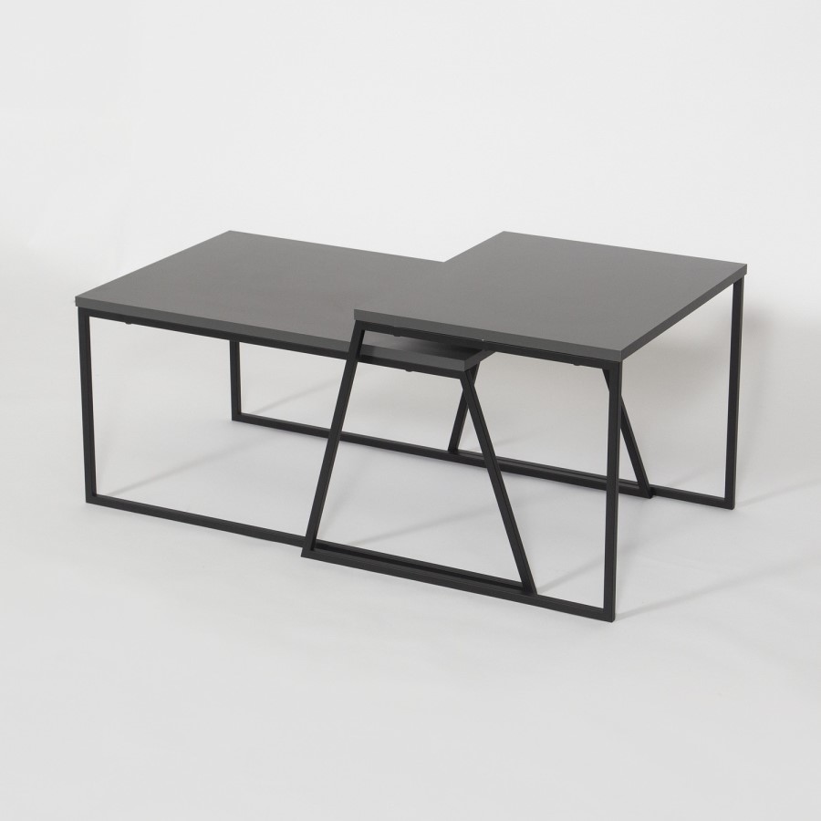 Antracite Grey Coffee Table Set with 2 Tables and Black Metal Frame