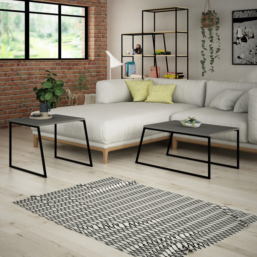 Antracite Grey Coffee Table Set with 2 Tables and Black Metal Frame