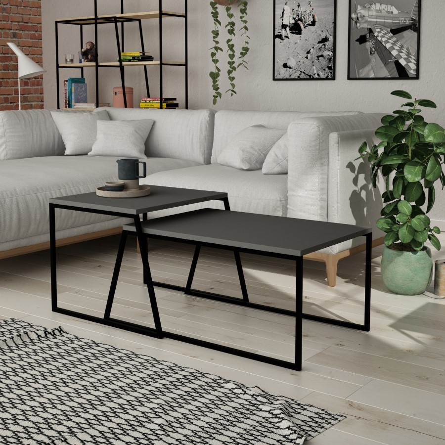 Antracite Grey Coffee Table Set with 2 Tables and Black Metal Frame