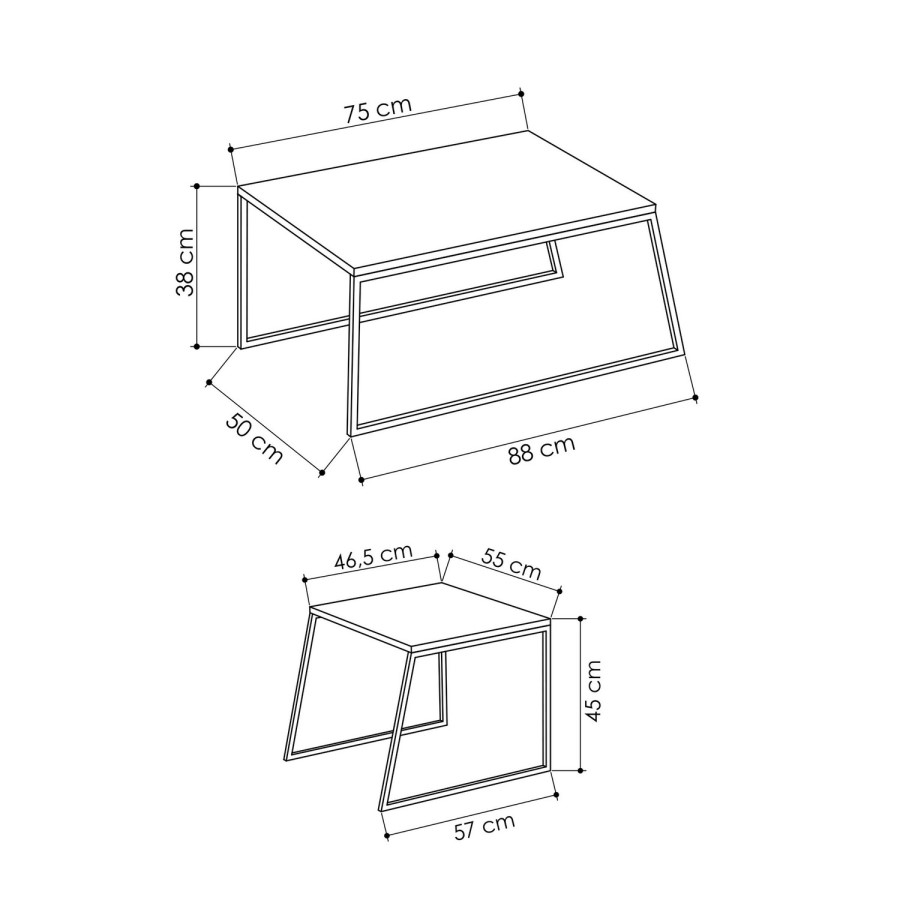 Antracite Grey Coffee Table Set with 2 Tables and Black Metal Frame