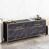 Black Marble Effect Large Sideboard with Gold Details