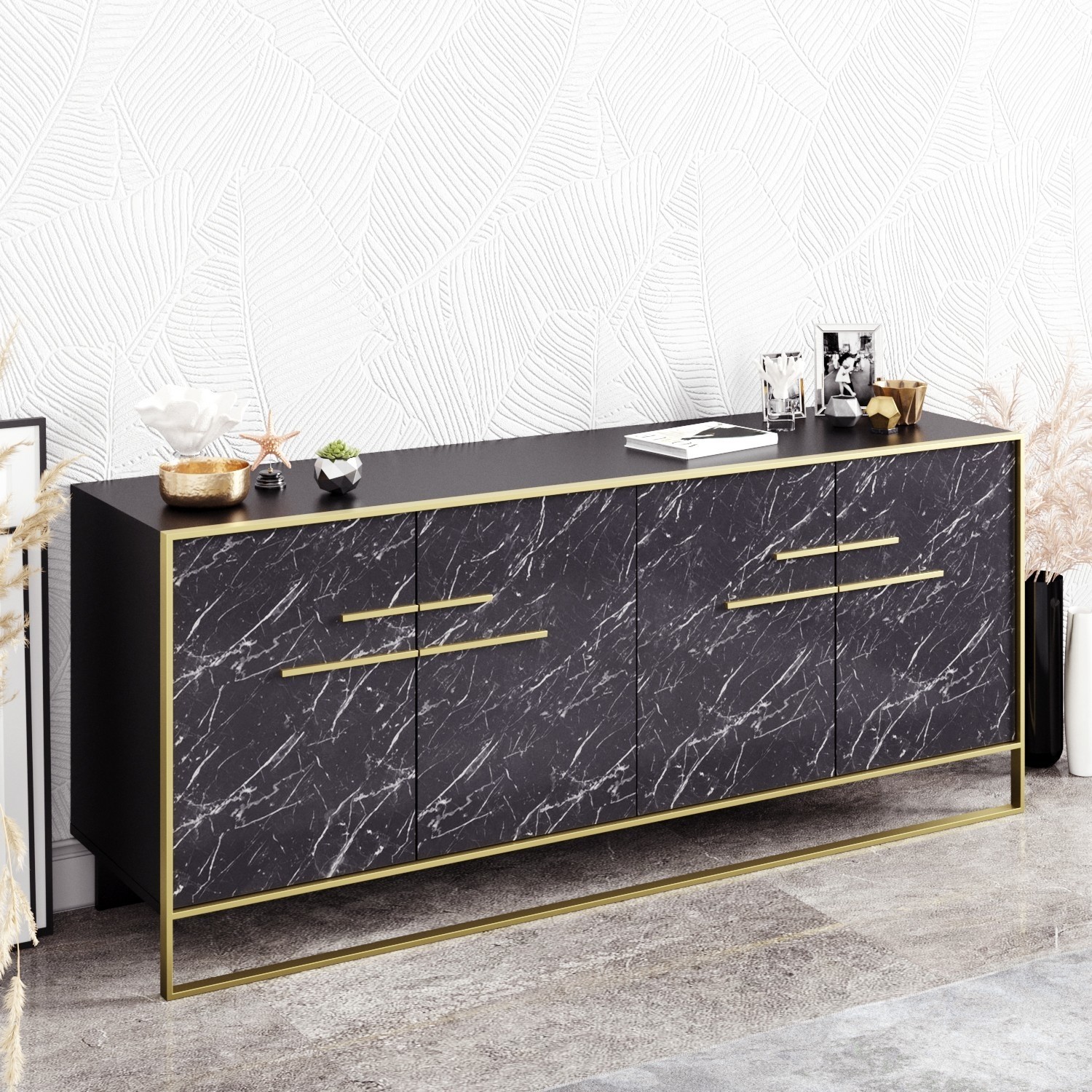 Black Marble Effect Large Sideboard with Gold Details - Furniture123