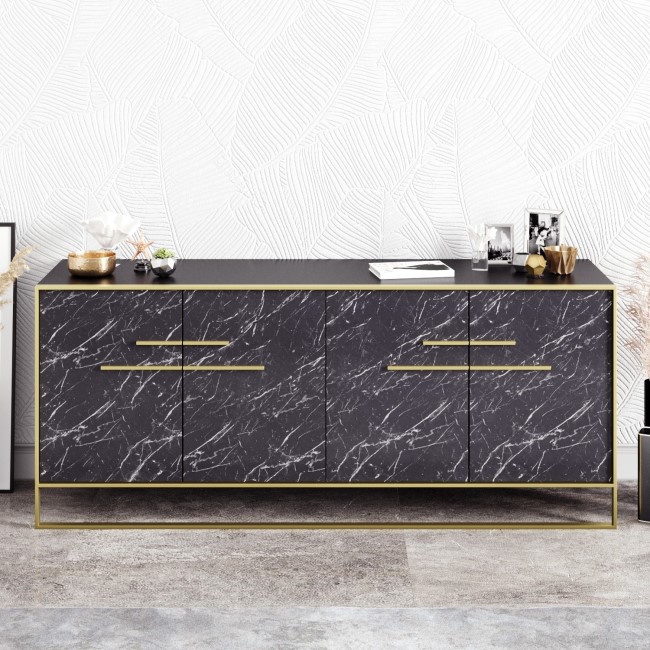 Black Marble Effect Large Sideboard with Gold Details