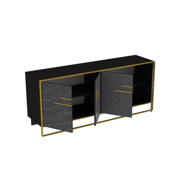 Black Marble Effect Large Sideboard with Gold Details