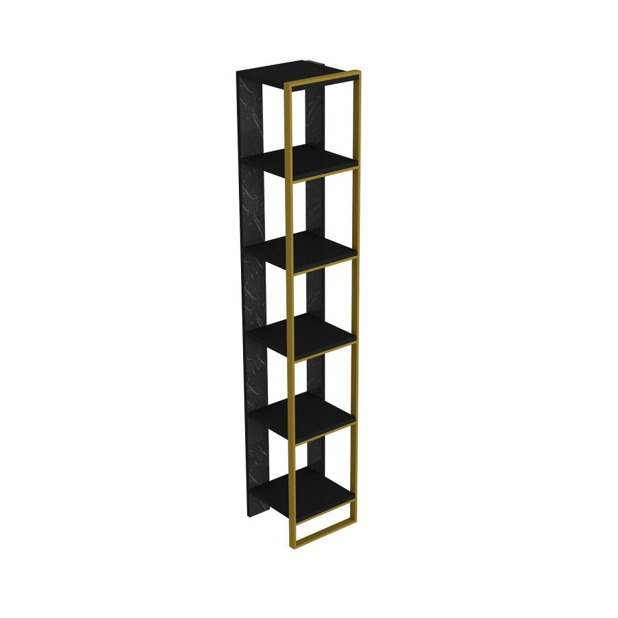 Narrow Bookshelf in Black Marble Effect with Gold Details