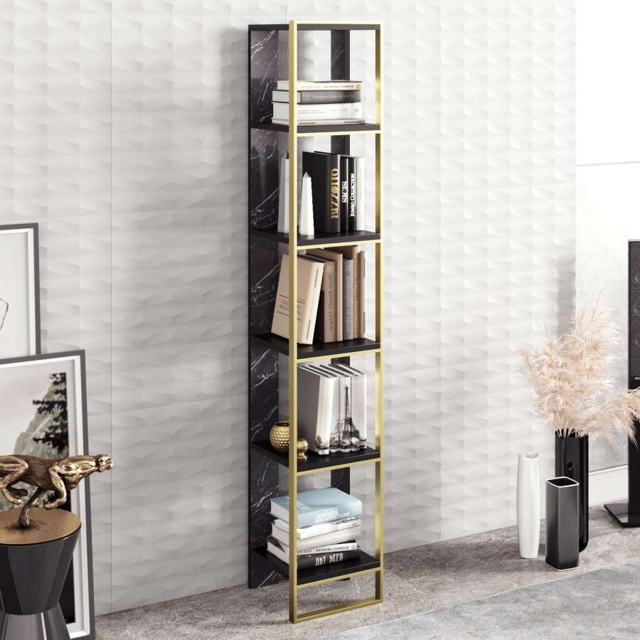Narrow Bookshelf in Black Marble Effect with Gold Details