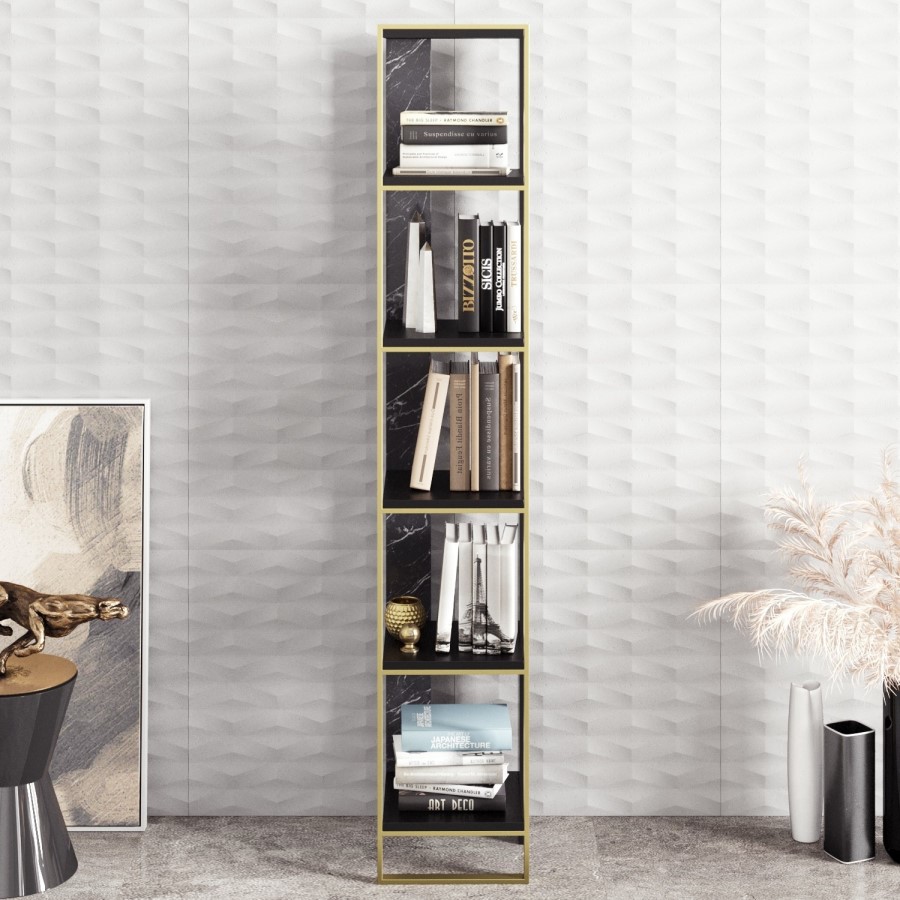Narrow Bookshelf in Black Marble Effect with Gold Details