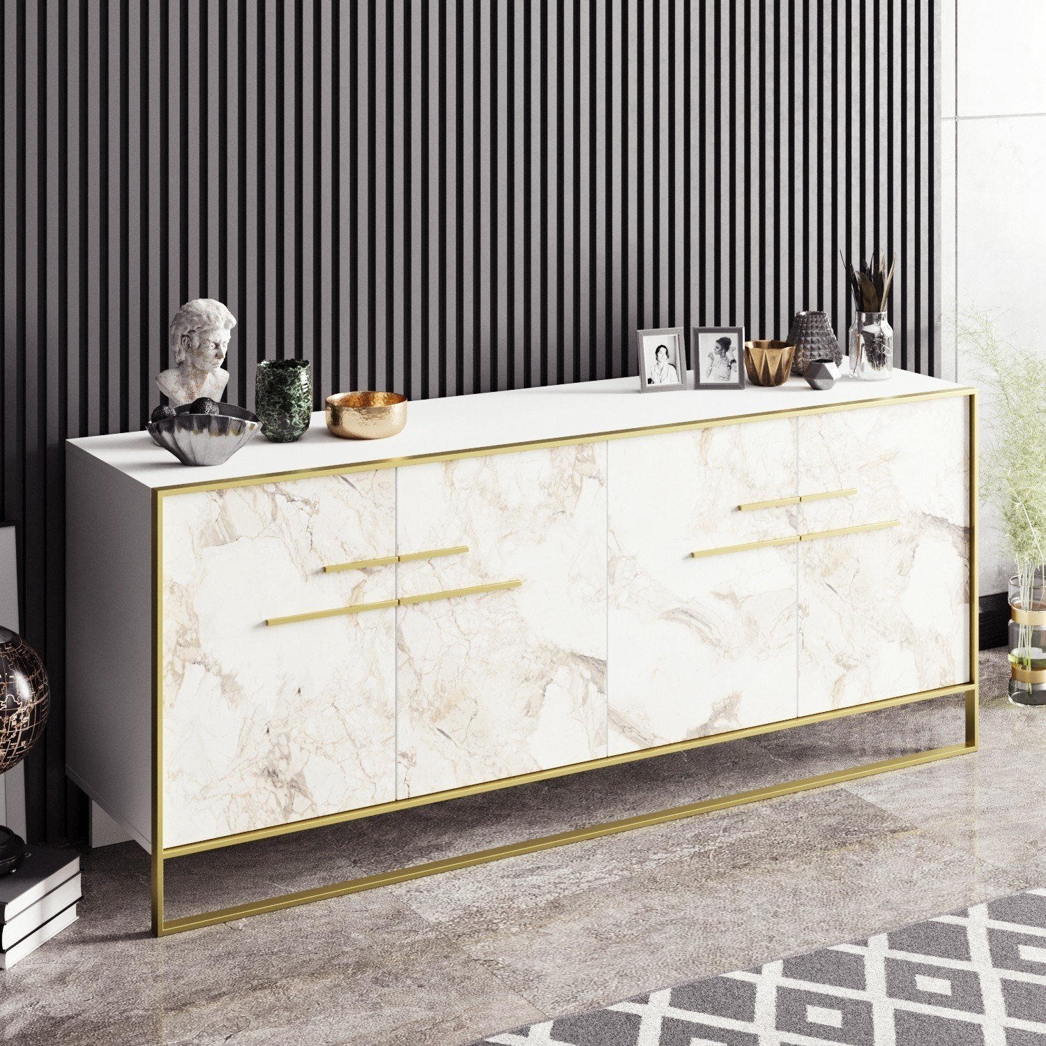 White Marble Effect Sideboard with Gold Details - Furniture123