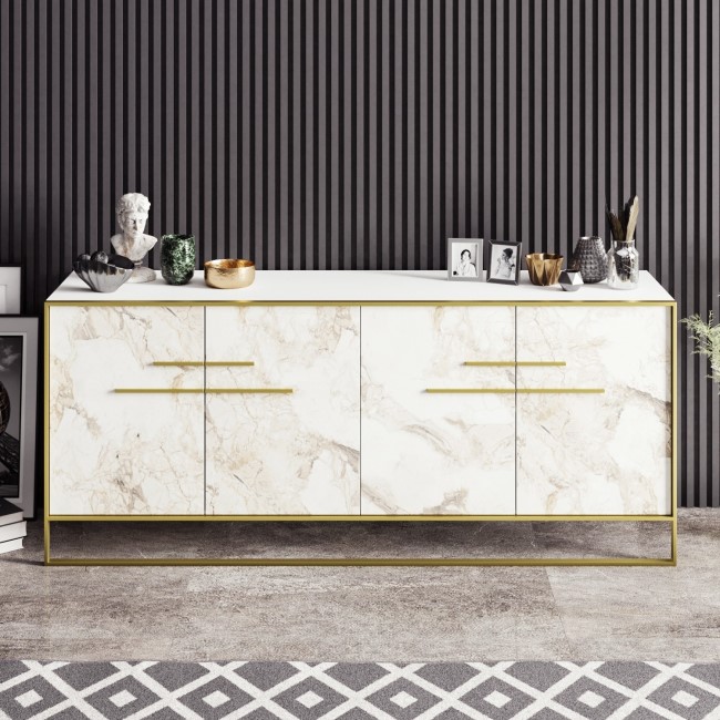 White Marble Effect Sideboard with Gold Details