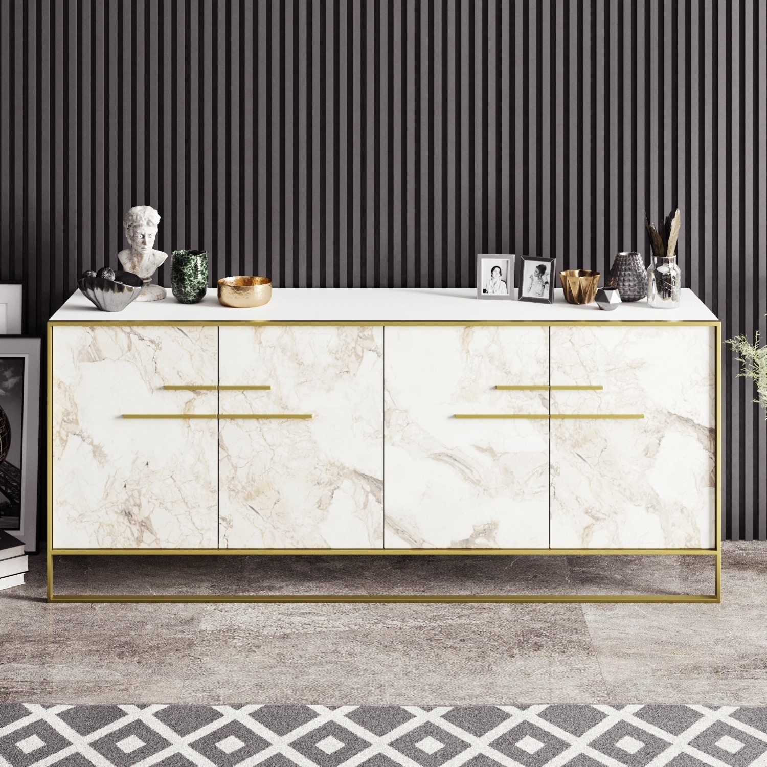 White Marble Effect Sideboard with Gold Details - Furniture123