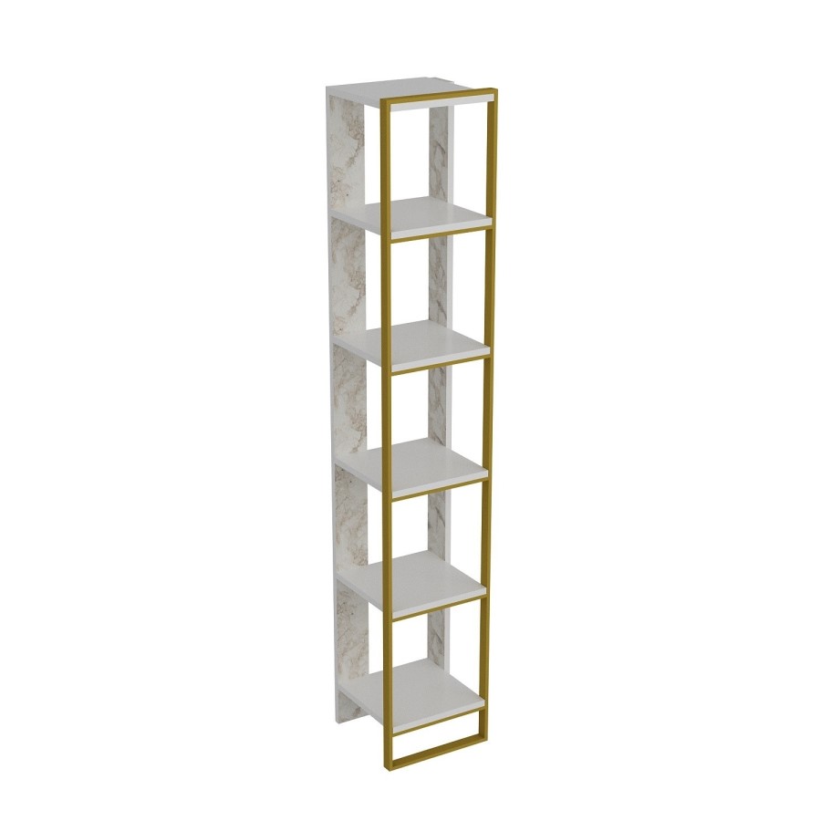 Narrow Bookshelf in White Marble Effect with Gold Details