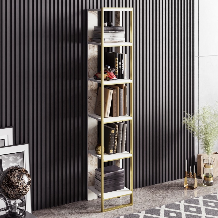 Narrow Bookshelf in White Marble Effect with Gold Details