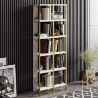 Bookshelf in White Marble Effect with Gold Details