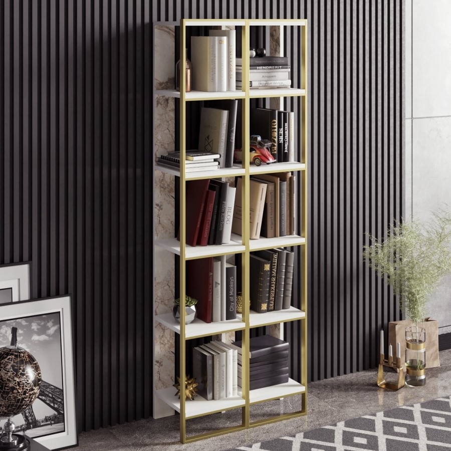 Bookshelf in White Marble Effect with Gold Details