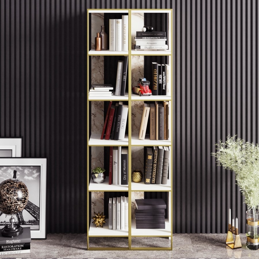 Bookshelf in White Marble Effect with Gold Details