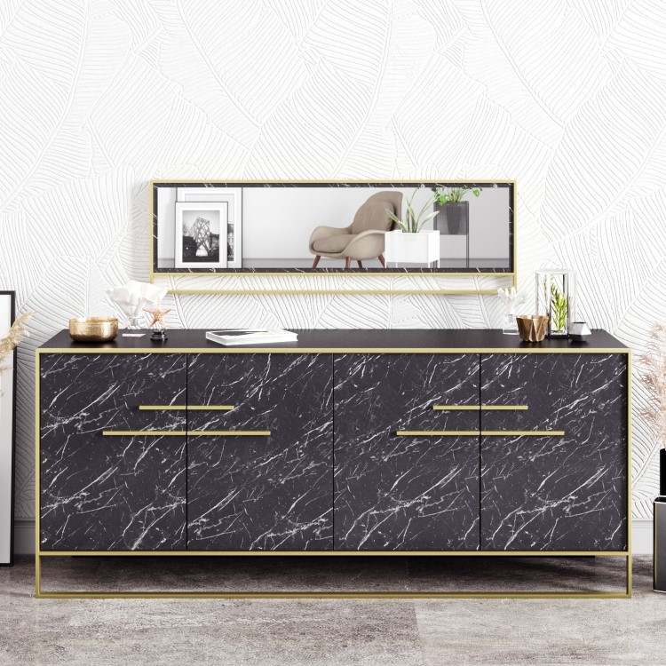 Black Marble Effect Large Sideboard with Gold Details and Matching Mirror