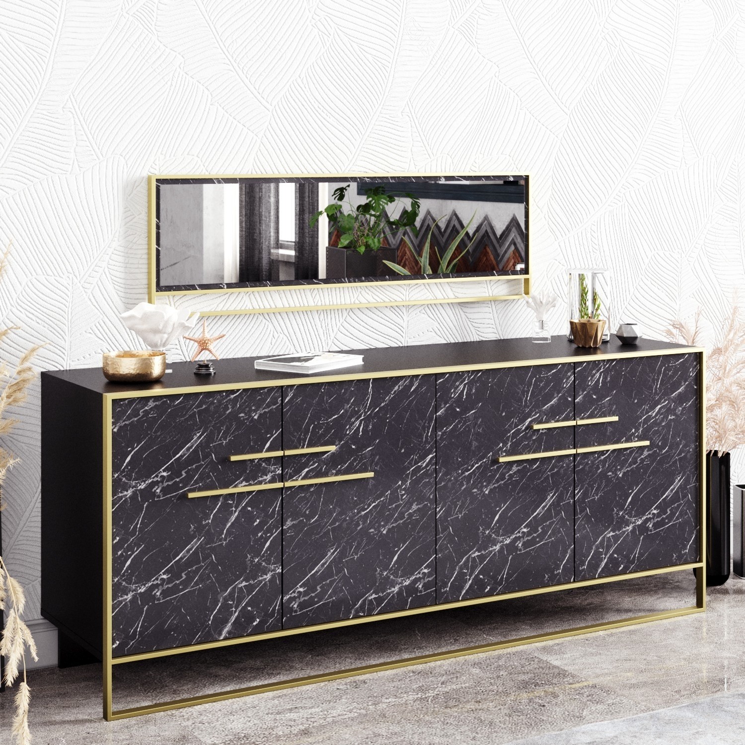 Black Marble Effect Large Sideboard with Gold Details and Matching ...