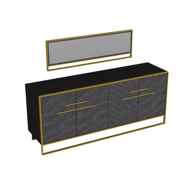 Black Marble Effect Large Sideboard with Gold Details and Matching Mirror