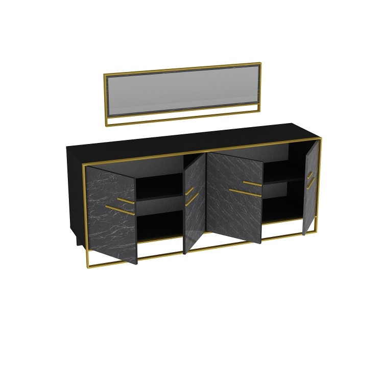 Black Marble Effect Large Sideboard with Gold Details and Matching Mirror