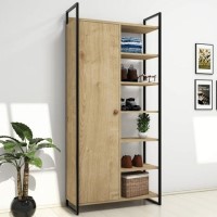Pale Wooden Tall Hallway Unit with Shelving & Black Metal Frame Pale Wooden Tall Hallway Unit with Shelving & Black Metal Frame