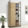 Pale Wooden Tall Hallway Unit with Shelving & Black Metal Frame