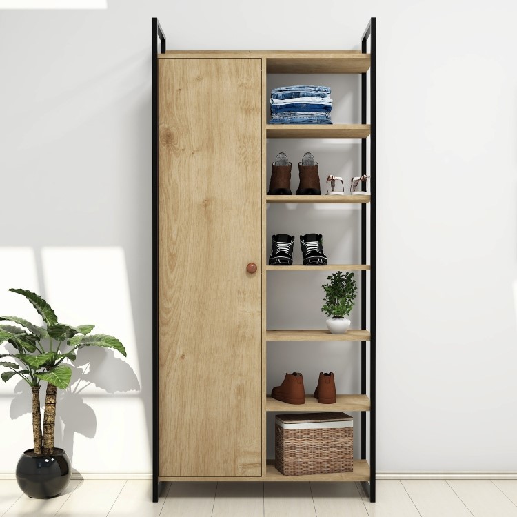 Pale Wooden Tall Hallway Unit with Shelving & Black Metal Frame