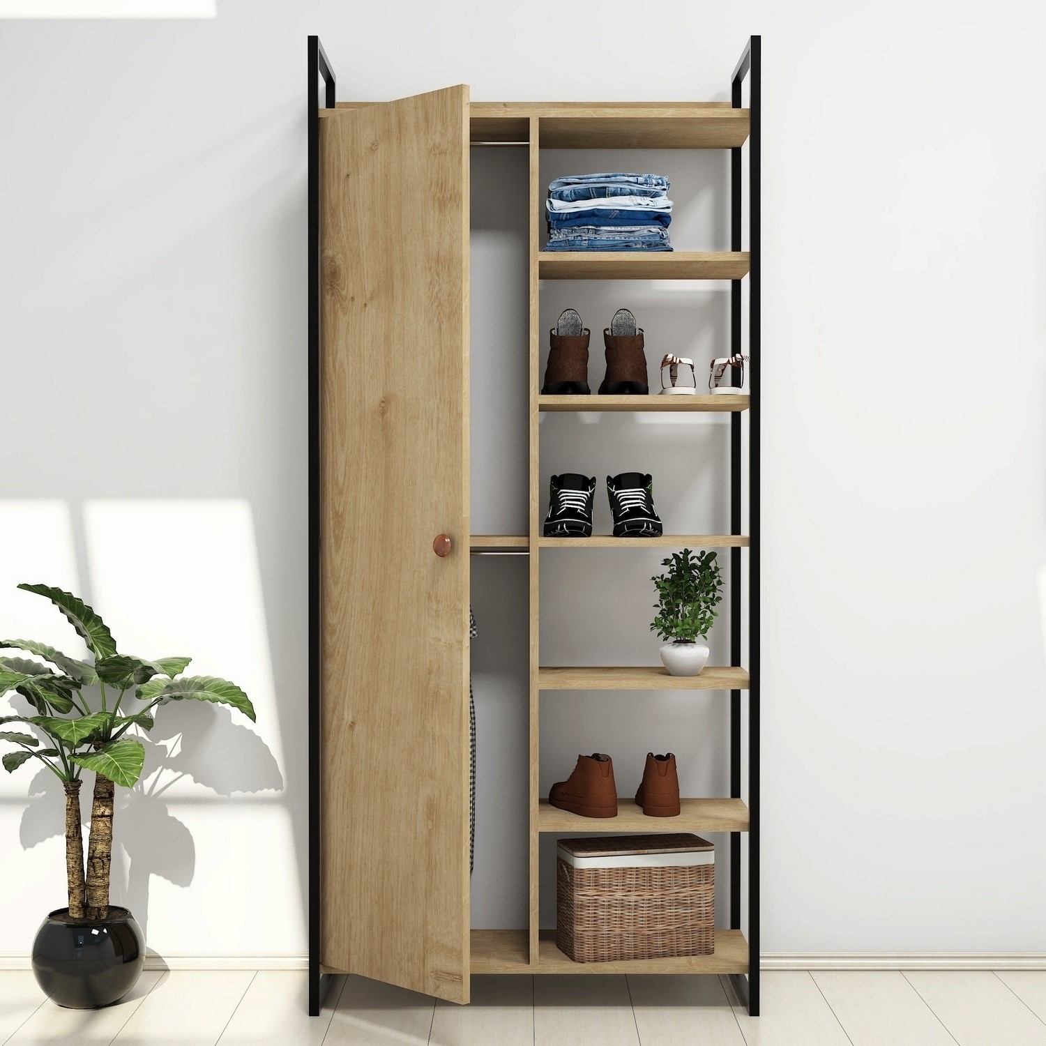 Hall Unit Pale Wooden Tall Hallway Unit with Shelving & Black Metal Frame ...