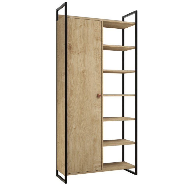 Pale Wooden Tall Hallway Unit with Shelving & Black Metal Frame