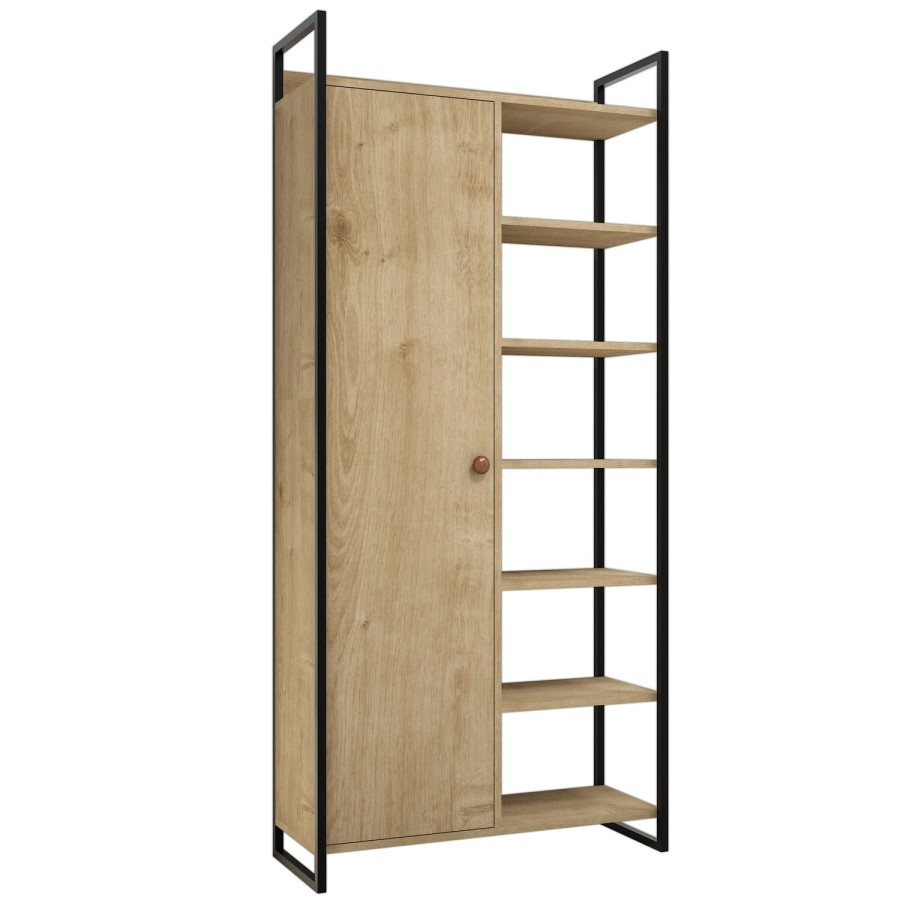Pale Wooden Tall Hallway Unit with Shelving & Black Metal Frame
