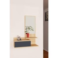 Wall Hanging Shelf with Mirror & Drawer in Light Wood & Anthracite Grey