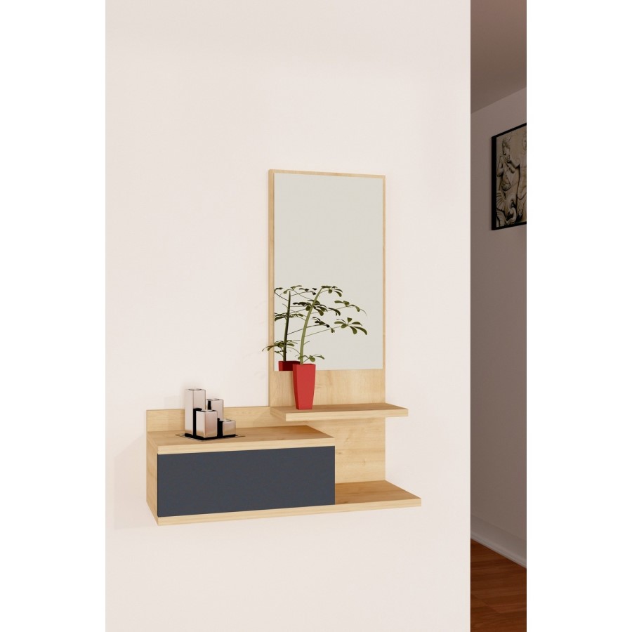 Wall Hanging Shelf with Mirror & Drawer in Light Wood & Anthracite Grey