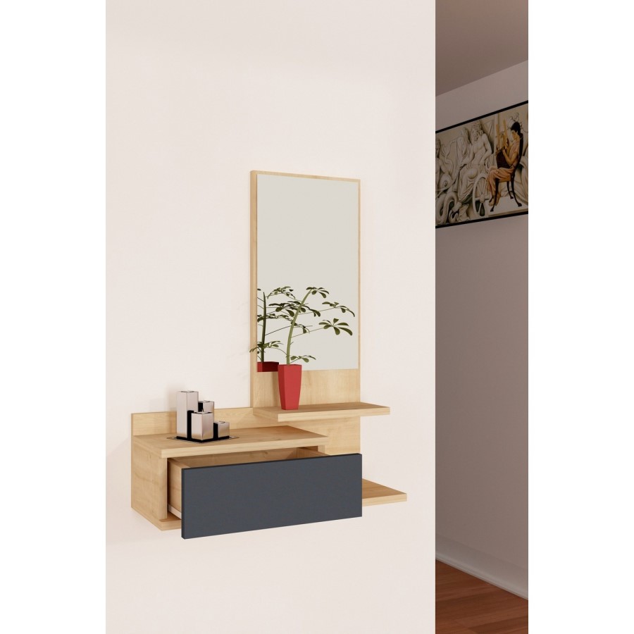 Wall Hanging Shelf with Mirror & Drawer in Light Wood & Anthracite Grey