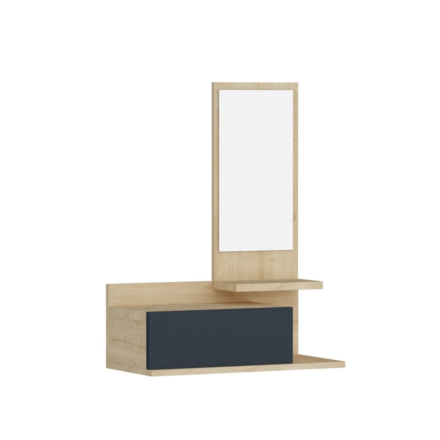 Wall Hanging Shelf with Mirror & Drawer in Light Wood & Anthracite Grey