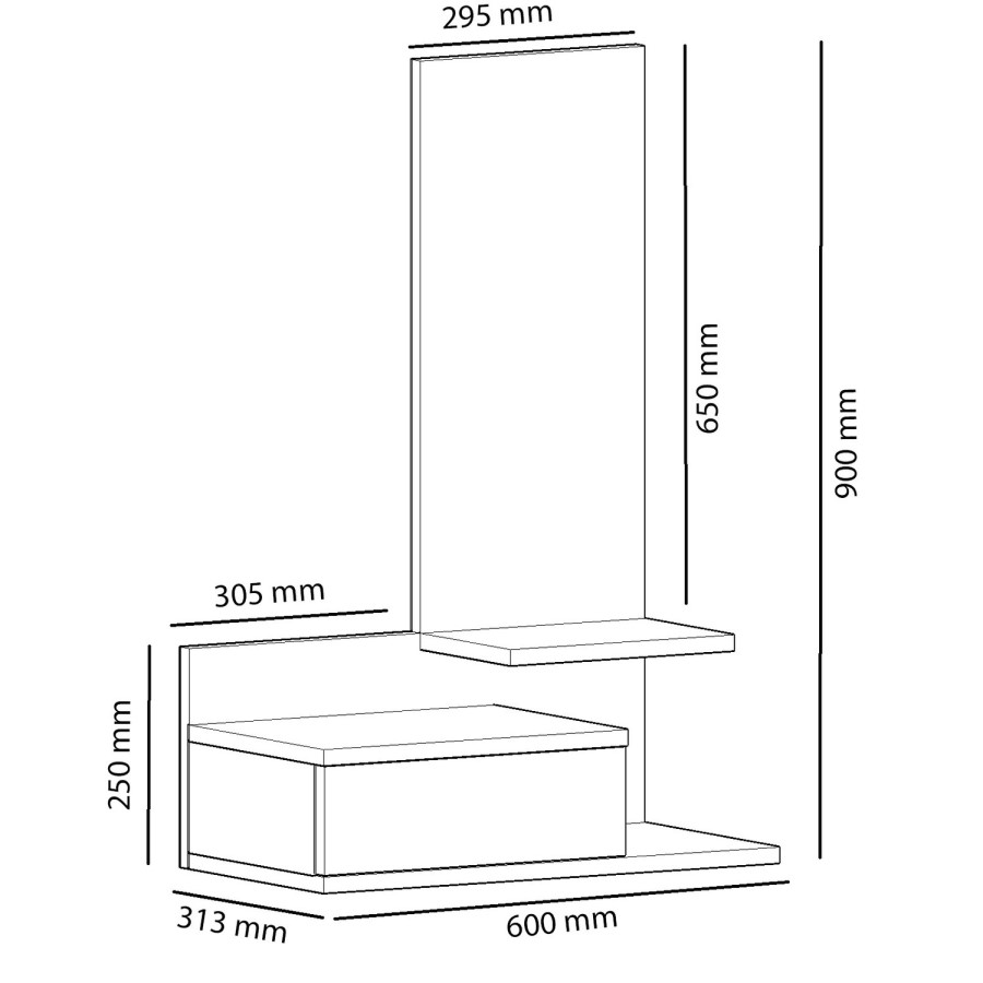 Wall Hanging Shelf with Mirror & Drawer in Light Wood & Anthracite Grey