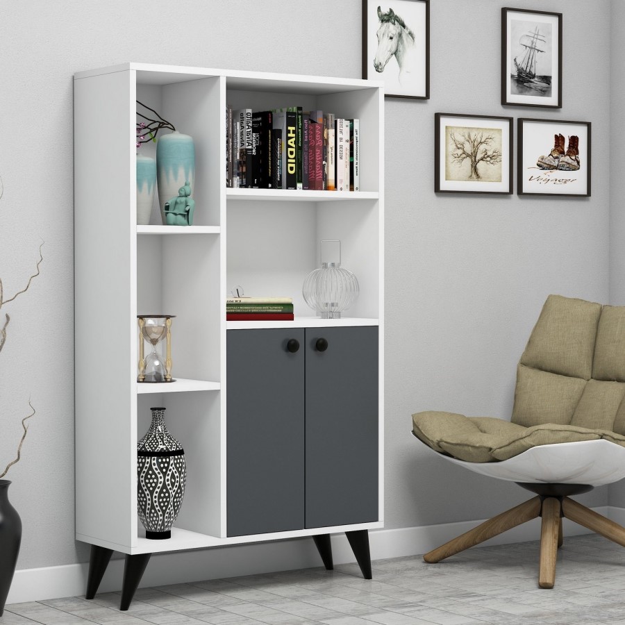 White and Grey Large Bookshelf with Storage
